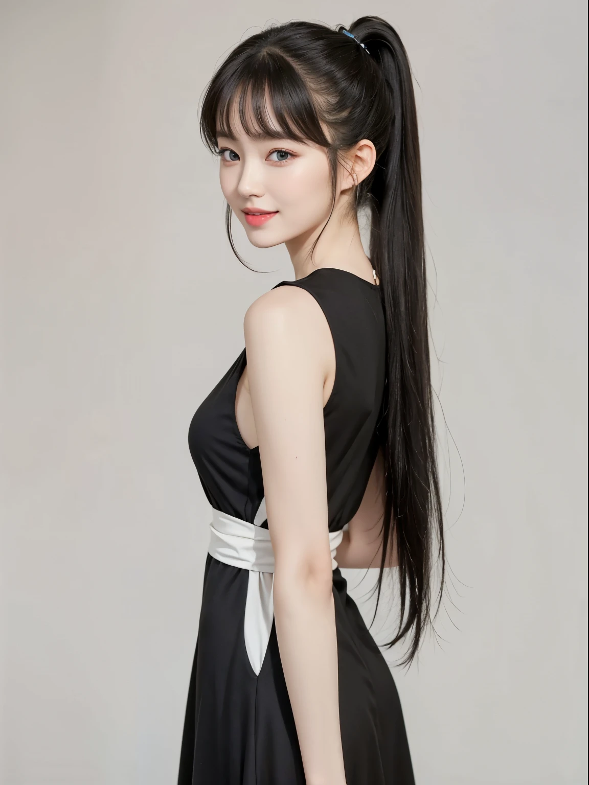 (Best quality, masterpiece, detailed), (RAW, 4k, hd images), 1 girl, , white skin, medium hair, ponytail, layers hair, bangs, black hair, beautiful girl, cute girl, sweet girl, pretty girl, perfect girl, perfect body, pretty eyes, blue eyes, thin lips, (eye line, lip soft), perfect round breast, simple background, smile, thigh, legs, black long dress, full body, standing facing camera, random angle capture
