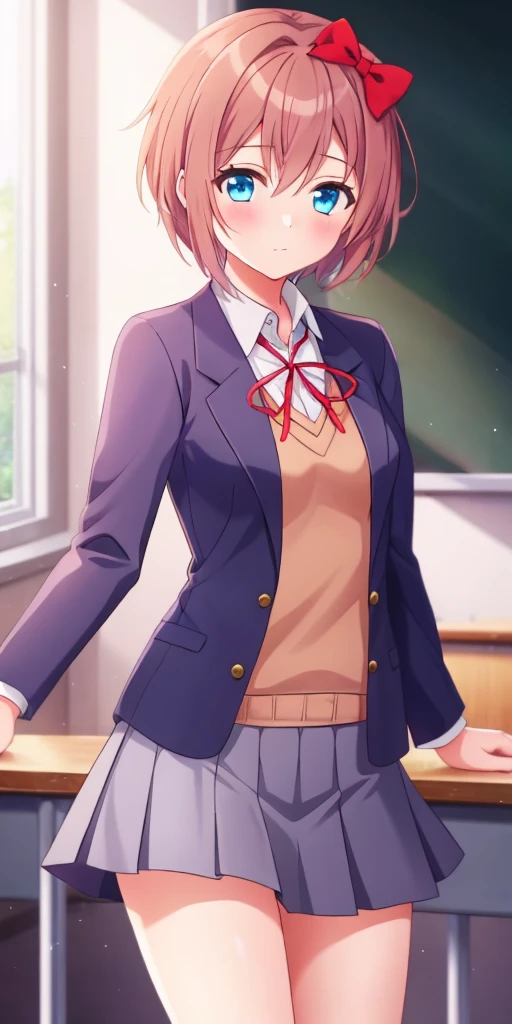 one girl, Sayori, DDLC, school blazer, hair bow, close to girl, too gentle, blue eyes, beautiful, skirt, cowboy shot, clumsy girl
