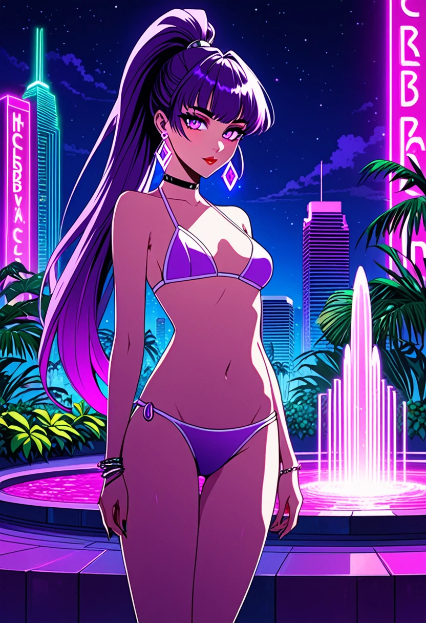 Art styles: very aesthetic, dramatic lighting, 3000K lighting, synthwave, anime, cyberpunk; character: morrigan aensland; appearance: long purple hair, high ponytail style hair, masterpiece purple eyes, detailed large eyes pupils, Slender hips, slim stomach, thin waist, medium teardrop-shaped breasts, slim body, soft gradient two-tone hair; clothing: white beach bikini; Accessories: sparkly diamond small earrings, makeup; bg: large illuminated fountain, skyscraper roof, panoramic view, deep night city, hawaii, decorations neon lights, translucid lights, ornamental plant, side lighting;