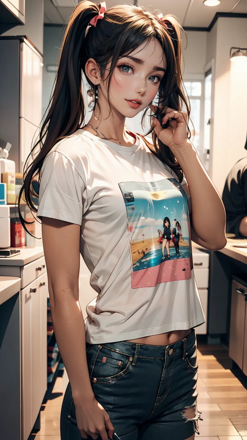 18-year-old female、Twin tails、Hot pants on a t-shirt、A cute age girl's room、Playing electric guitar、Headphones are hanging around your neck、Medium chest、Long legs、