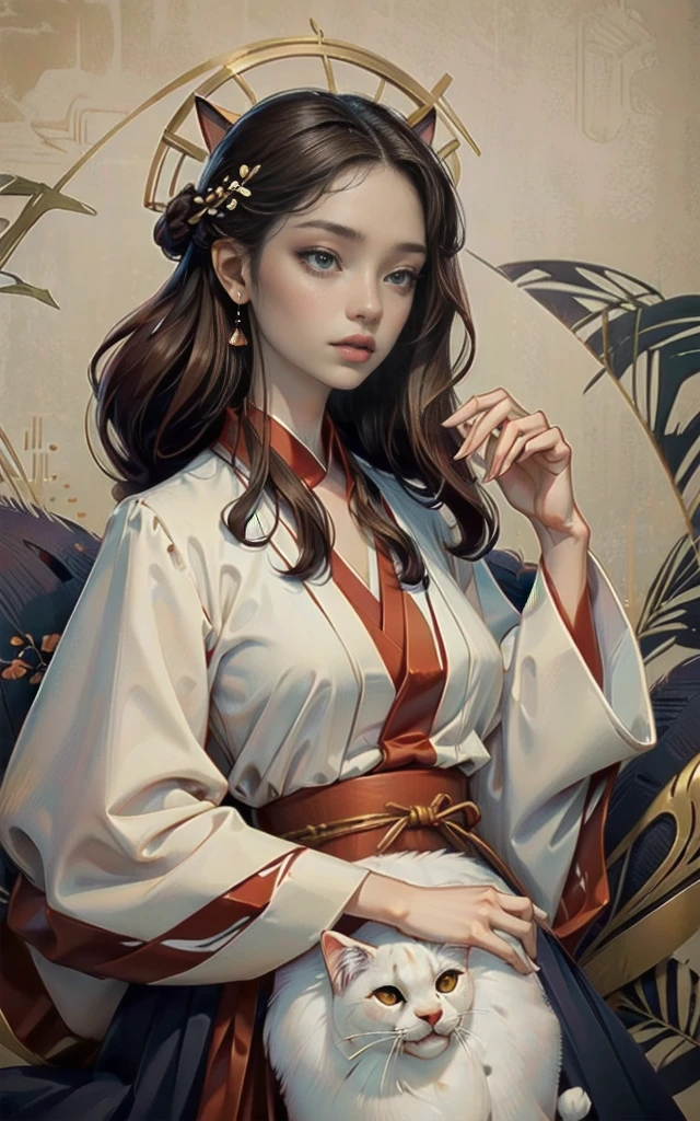 ((Masterpiece)),(Best Quality), (Cinematic),(Extremely detailed CG Unity 8k wallpaper),1girl, fit,Delicious company,revealing clothes, intricate outfit,fit, small breasts,very long red hair,big cat eyes,one Stunning hanfu cat girl with a beautifully designed fine and perfectly fitting white with red paint bakeneko/nekomata noh-theatre mask in one hand. she is dancing in front of plain graphic japanese background. her hands are very graceful presenting a fan. She wears tight-fitting hanfu clothing with georgeous patterns and also transparent flowing fabric. cat ear, vampy fang,cateyes, white devon rex cat, eine Ganzkörperaufnahme, die Tradition und Moderne verbindet 