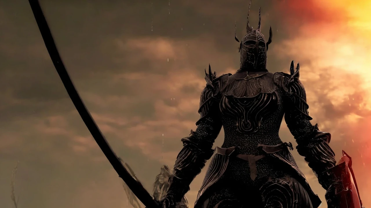 Knight in all black armor, thicc body, huge titties, thicc thighs, bloody