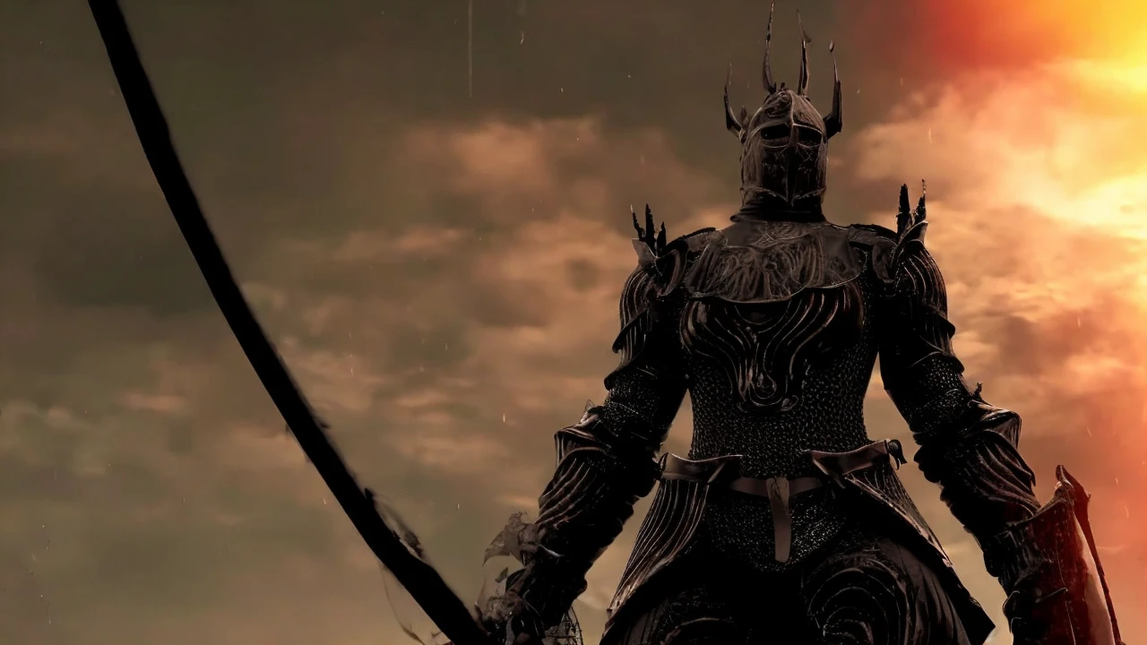 Knight in all  black armor, thicc body, huge titties, thicc thighs, bloody