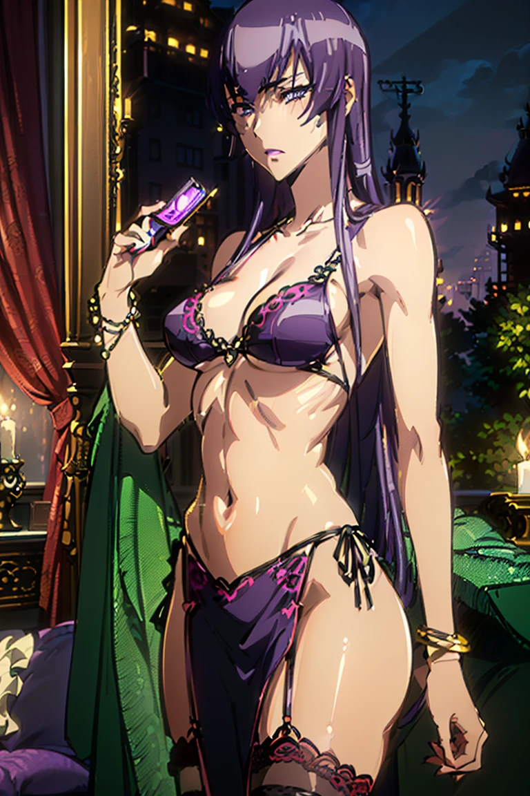 ((1girl, solo ,alone)), ((solo, 1woman, (busujima saeko, purple hair, long hair, purple eyes, pink lipstick, woman, lipstick), Extremely detailed, ambient soft lighting, 4k, perfect eyes, a perfect face, perfect lighting, a 1girl)), ((solo, (1woman, lipstick), Extremely detailed, ambient soft lighting, 4k, perfect eyes, a perfect face, perfect lighting, a 1girl)), , ((fitness,, shapely body, athletic body, toned body)), (( lace lingerie, leopard print lingerie, cleavage, mansion, staircase, wooden furniture, modern decoration, living room, emerald necklace, bracelets, mansion, wood, balcony, glass door, , posing))