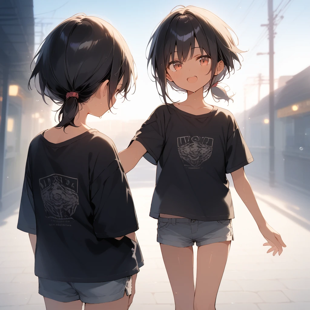 score_9, score_8_up, score_7_up, source_anime, best quality, masterpiece, official art, absurdres, highres, ultra-detailed,waifu2x,Collection: Slice of Life,break,1girl, tomboy, dark-skinned female, short hair, low ponytail, flat chest, beautiful detailed eyes, short shorts, sweat, open mouth, (yawn:0.3), sleepily, outdoors, wind, break,dewy skin, perspiration on the skin,skin texture, fine lines, pores, natural imperfections,light reflections, glossy skin, shiny skin,break,Rim Lighting, Subsurface Scattering, God Rays, Chromatic Aberration, Bokeh, Lens Flare, Volumetric Lighting, Anamorphic Lens Flare, Bloom, Depth of Field,backlight, soft bounced lighting, soft natural lighting, candolelight, neon light, hard(soft) shadows, spot light,break,(clear line illustration:1.2),very high resolution, very aesthetic, super detailed skin, Best sexual lighting powered by famous artist, 8k,cute picture,beauty illustration,photoshop_(medium),,(Detailed Lighting),best anime 8k konachan wallpaper, pixiv contest winner,