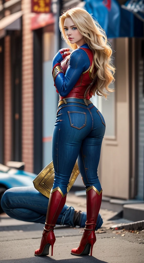 The character Supergirl, extremely beautiful face, perfect red and blue costume, traditional "S" on the back, denim style, extremely beautiful blue eyes, perfect blond hair, smooth curves, perfect hands and fingers 