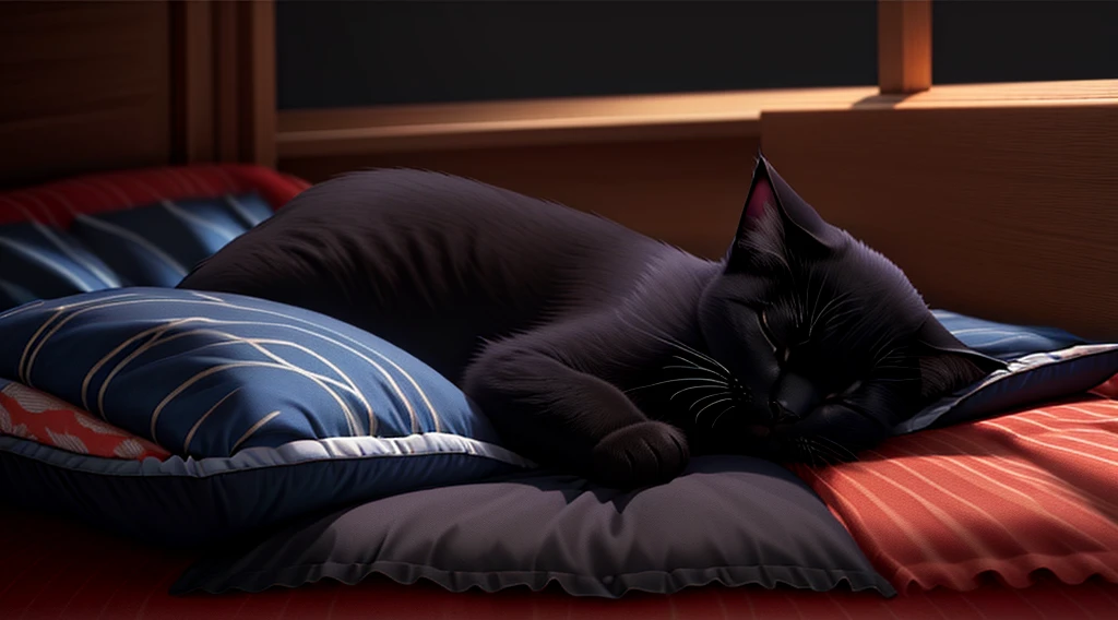 Black cat、Sleeping in a blue bed、Anime Style、Eyes closed