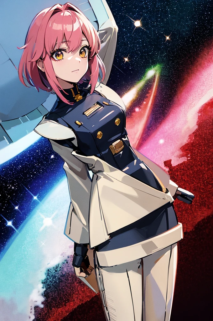 Highest quality, masterpiece, High resolution, alone, (Haman Khan),(機動戦士ZGundam),(Zeon Army_uniform),(Black‗Mantle),(pink_Hair Color),Gundam,Cybele,(Funnel)、Bob haircut,Bangs‗Hairstyle,Young Girl,Starry Sky_background,Anime Style, Highest quality, 4K, masterpiece,, alone, 1,whole body,looking at the camera, Shinkai Makoto style, Sharp Eyes,(Full Finger), (Accurate fingertips), (The finer details), (Anatomically correct), (映画のbackground), Hyper Detail, (Subtle details), (Intricate details),