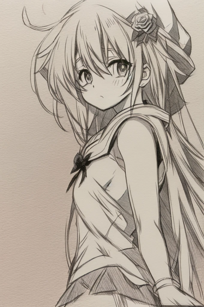 (Pencil_Sketch:1.2, messy lines, greyscale, traditional media, sketch), unfinished, hatching (texture) , 1girl, sailor mercury, sailor moon, sailor senshi, wearing a summer hat, watering roses, white background