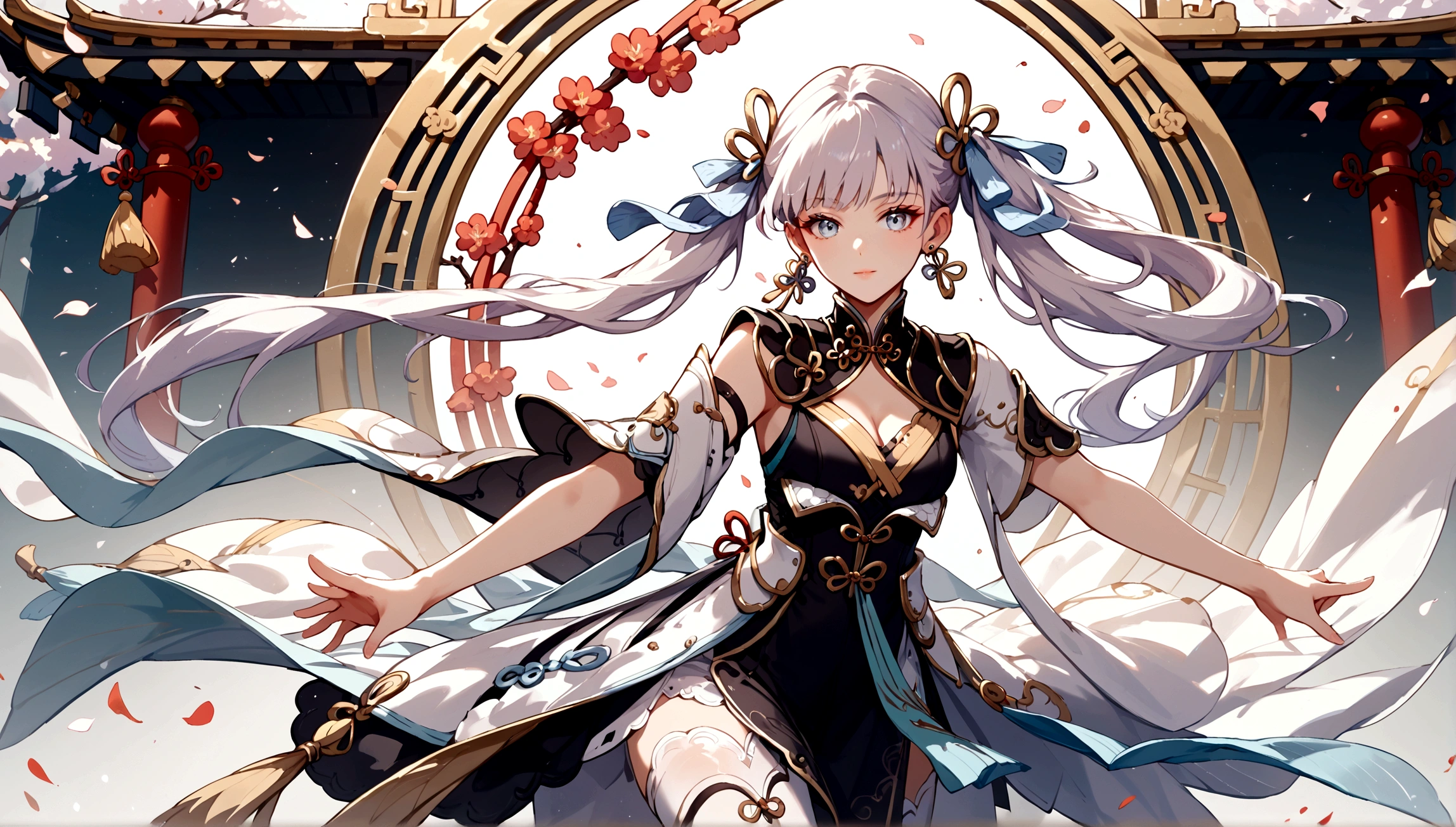 score_9, score_8_up, score_7_up, score_6_up, masterpiece, top quality, best quality, official art, beautiful and aesthetic, close up shot, centered, JinshiWW, long hair, twintails, hair rings, hair ornament, earrings, chinese clothes, two-tone dress, black dress, white dress, cleavage cutout, armlet, white thighhighs, dynamic pose, chinese temple background, Expressiveh