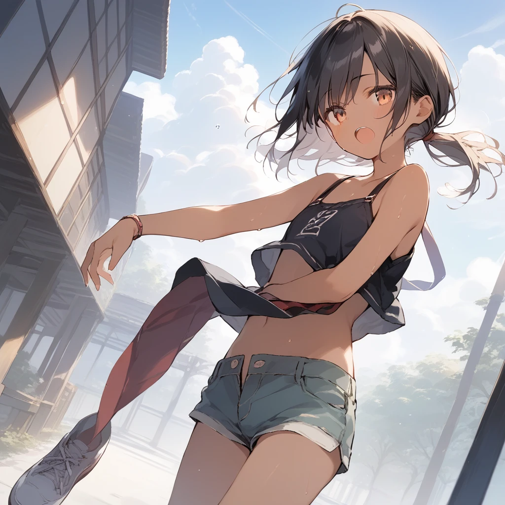 score_9, score_8_up, score_7_up, source_anime, best quality, masterpiece, official art, absurdres, highres, ultra-detailed,waifu2x,Collection: Slice of Life,break,1girl, tomboy, dark-skinned female, short hair, low ponytail, flat chest, beautiful detailed eyes, short shorts, sweat, open mouth, (yawn:0.3), sleepily, outdoors, wind, break,(clear line illustration:1.2),very high resolution, very aesthetic, super detailed skin, Best sexual lighting powered by famous artist, 8k,cute picture,beauty illustration,photoshop_(medium),,(Detailed Lighting),best anime 8k konachan wallpaper, pixiv contest winner, 