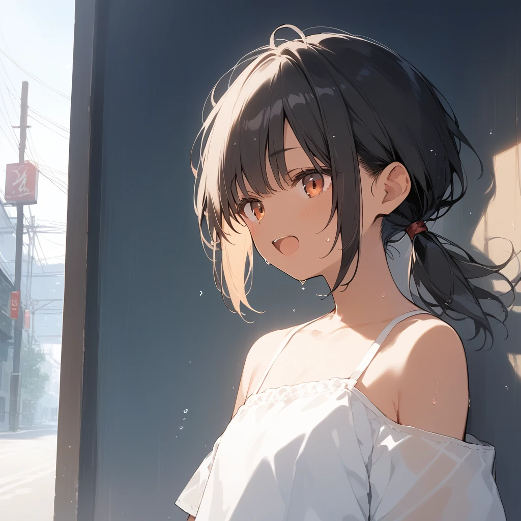 score_9, score_8_up, score_7_up, source_anime, best quality, masterpiece, official art, absurdres, highres, ultra-detailed,waifu2x,Collection: Slice of Life,break,1girl, tomboy, dark-skinned female, short hair, low ponytail, flat chest, beautiful detailed eyes, short shorts, sweat, open mouth, (yawn:0.3), sleepily, outdoors, wind, break,(clear line illustration:1.2),very high resolution, very aesthetic, super detailed skin, Best sexual lighting powered by famous artist, 8k,cute picture,beauty illustration,photoshop_(medium),,(Detailed Lighting),best anime 8k konachan wallpaper, pixiv contest winner, 