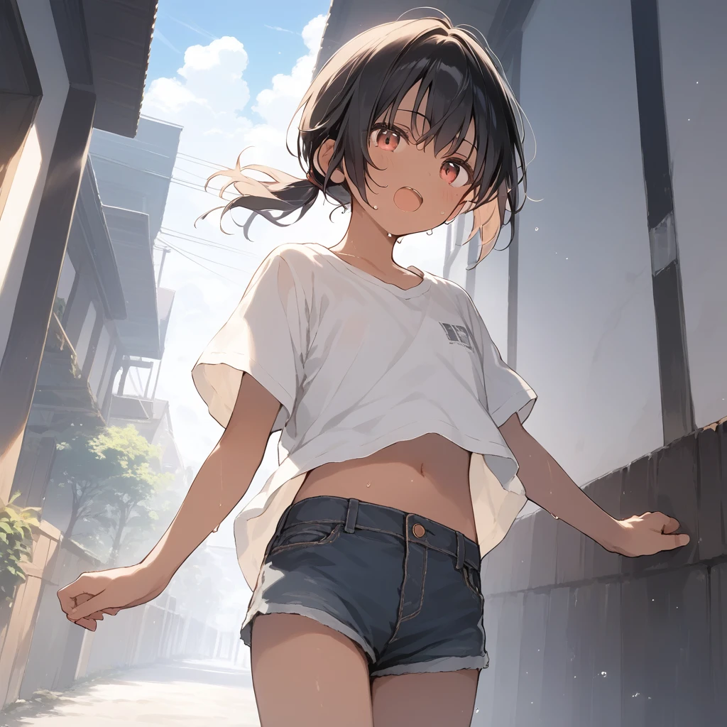 score_9, score_8_up, score_7_up, source_anime, best quality, masterpiece, official art, absurdres, highres, ultra-detailed,waifu2x,Collection: Slice of Life,break,1girl, tomboy, dark-skinned female, short hair, low ponytail, flat chest, beautiful detailed eyes, short shorts, sweat, open mouth, (yawn:0.3), sleepily, outdoors, wind, break,(clear line illustration:1.2),very high resolution, very aesthetic, super detailed skin, Best sexual lighting powered by famous artist, 8k,cute picture,beauty illustration,photoshop_(medium),,(Detailed Lighting),best anime 8k konachan wallpaper, pixiv contest winner,