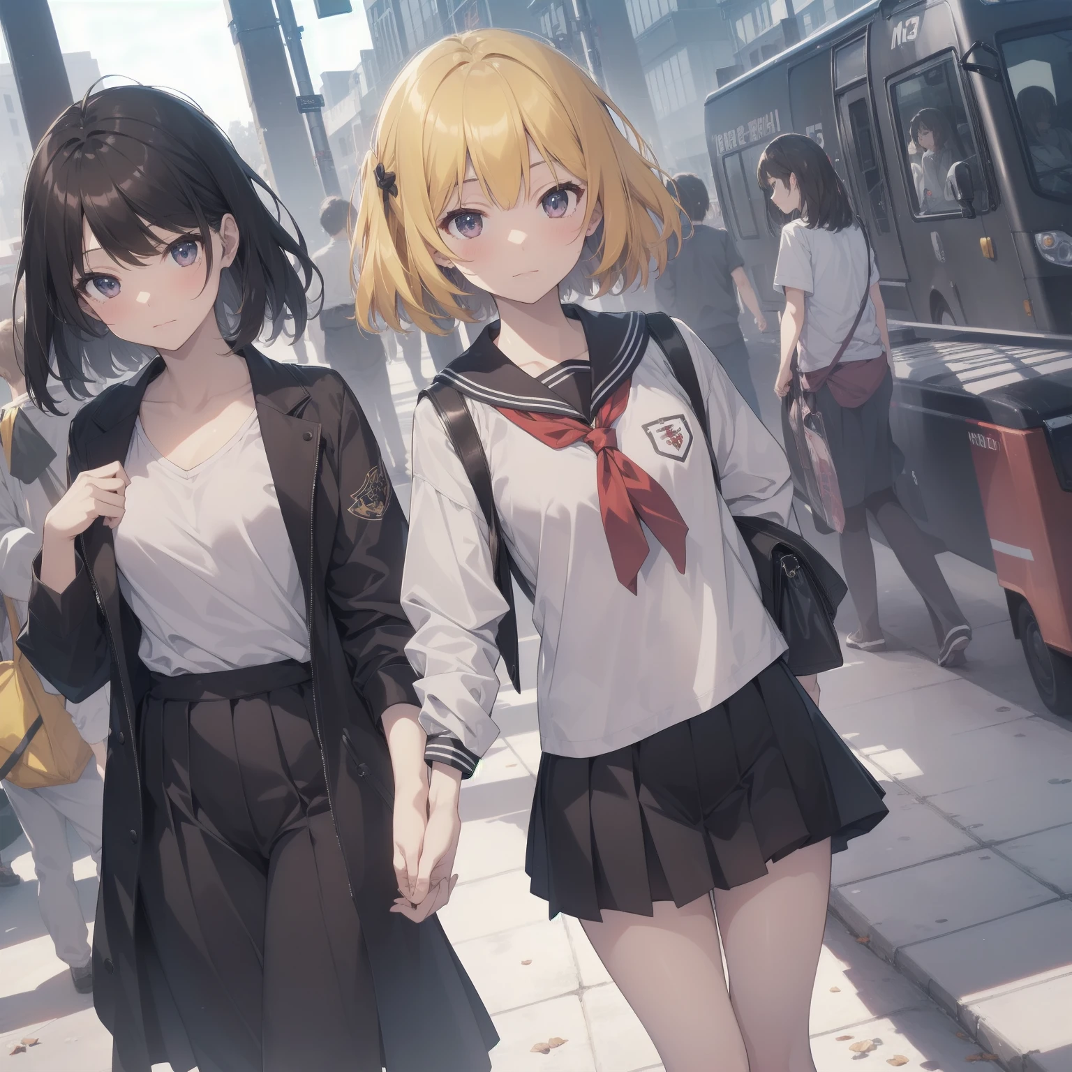 ultra-absurdres-Top quality by artist God, ultra-detailed, high resolution, anime moe artstyle, best anime 8k konachan wallpaper, pixiv contest winner, pool:2810, perfect anatomy,break, 1girl, (Please draw a girl walking sleepily to school alone. )break,(Solo,little female, 13-year-old:1.3),Full limbs, complete fingers,a junior high school student, (very short hair), short cut, flat chest, , small butt, small black eyes, beautiful detailed eyes, well-proportioned iris and pupils, expressive eyes, highres detailed hair, soft expression, salor school_uniform, sailor collar, serahuku, bow, pleated skirt,(Detailed Lighting), (Detailed background), in the School commute route. break,super detailed skin, Best cinematic lighting powered by famous artist, 8k,beauty illustration,photoshop_(medium),very aesthetic,break,((artist:mochi_au_lait )), artist:clamp ,artist:carnelian ,artist:kantoku ,
