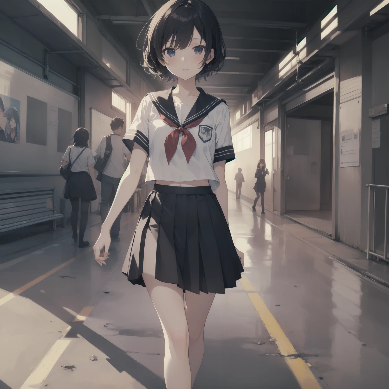 ultra-absurdres-Top quality by artist God, ultra-detailed, high resolution, anime moe artstyle, best anime 8k konachan wallpaper, pixiv contest winner, pool:2810, perfect anatomy,break, 1girl, (Please draw a girl walking sleepily to school alone. )break,(Solo,little female, 13-year-old:1.3),Full limbs, complete fingers,a junior high school student, (very short hair), short cut, flat chest, , small butt, small black eyes, beautiful detailed eyes, well-proportioned iris and pupils, expressive eyes, highres detailed hair, soft expression, salor school_uniform, sailor collar, serahuku, bow, pleated skirt,(Detailed Lighting), (Detailed background), in the School commute route. break,super detailed skin, Best cinematic lighting powered by famous artist, 8k,beauty illustration,photoshop_(medium),very aesthetic,break,((artist:mochi_au_lait )), artist:clamp ,artist:carnelian ,artist:kantoku ,