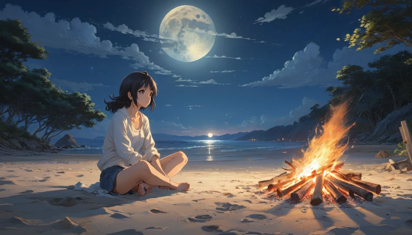 Beach , Anime Realism, The style of Makoto Shinkai and Makoto Niitsu, Highest quality, masterpiece, 8K, Representative works, Official Art, Professional, Super intricate details、Midnight、The moon is out、sitting near the bonfire、Anime Realism,、The style of Makoto Shinkai and Makoto Niitsu, Highest quality, masterpiece, 8K, Representative works, Official Art, Professional, Super intricate details, Girl,Long hair swaying in the wind、