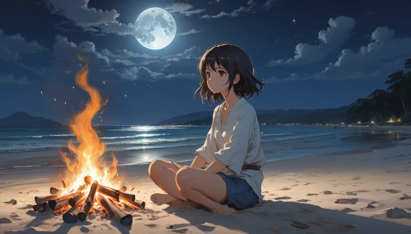 Beach , Anime Realism, The style of Makoto Shinkai and Makoto Niitsu, Highest quality, masterpiece, 8K, Representative works, Official Art, Professional, Super intricate details、Midnight、The moon is out、sitting near the bonfire、Anime Realism,、The style of Makoto Shinkai and Makoto Niitsu, Highest quality, masterpiece, 8K, Representative works, Official Art, Professional, Super intricate details, Girl,Long hair swaying in the wind、