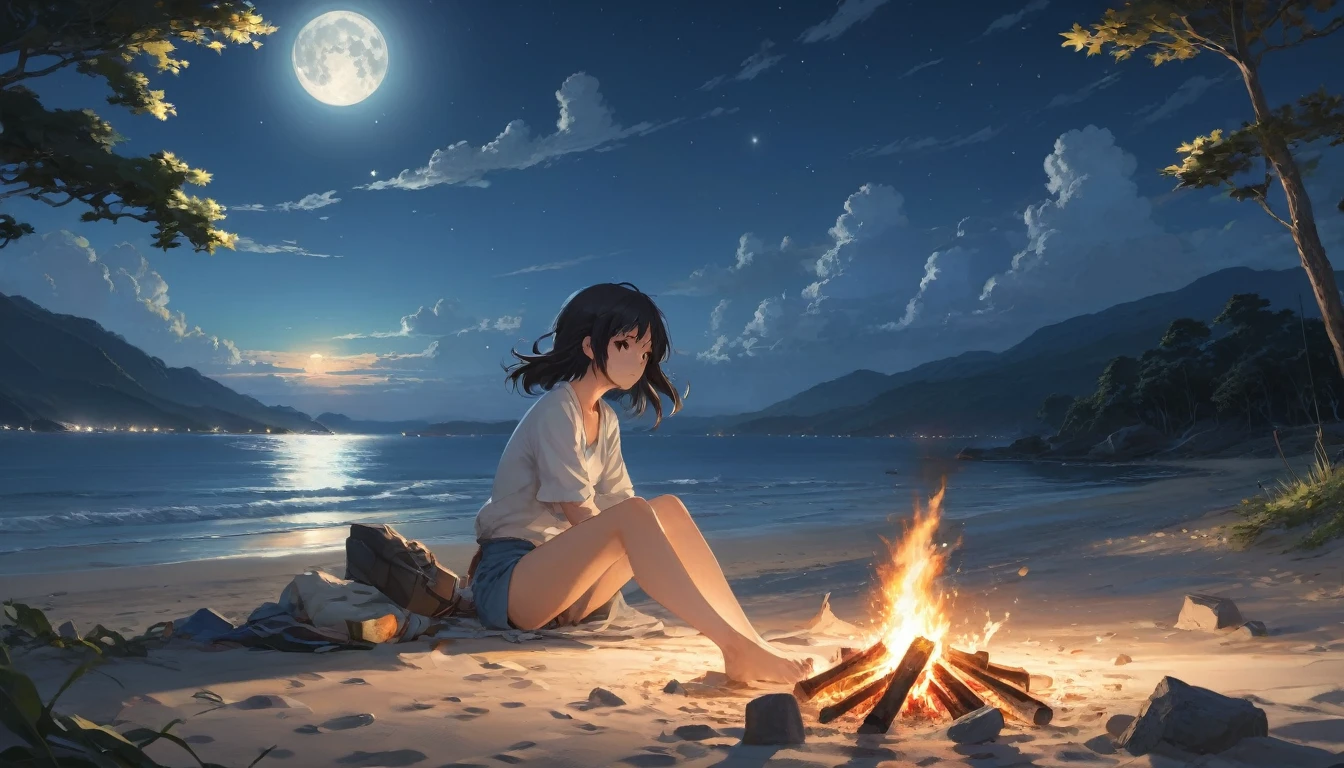 Beach , Anime Realism, The style of Makoto Shinkai and Makoto Niitsu, Highest quality, masterpiece, 8K, Representative works, Official Art, Professional, Super intricate details、Midnight、The moon is out、sitting near the bonfire、Anime Realism,、The style of Makoto Shinkai and Makoto Niitsu, Highest quality, masterpiece, 8K, Representative works, Official Art, Professional, Super intricate details, Girl,Long hair swaying in the wind、