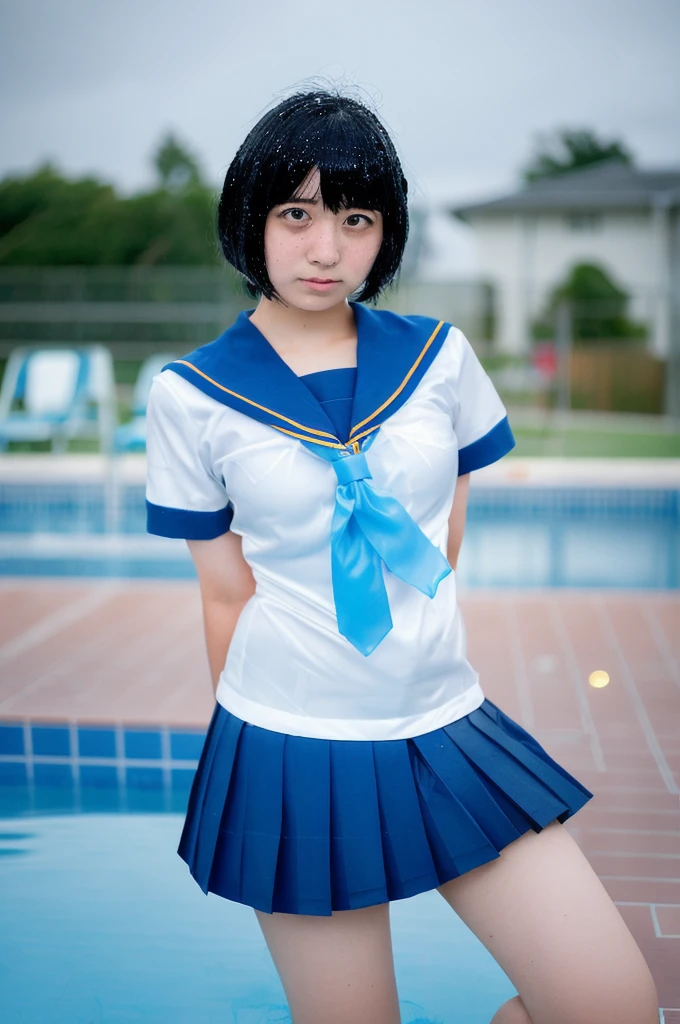 japanese, junior High School girl,1 person, age 15, Sailor Mercury, A cosplay that is heavy wet and heavy transparent,Wet sky blue short hair, Wet arms,Wet legs,Wet Face,pose,Highest quality, wet poolside