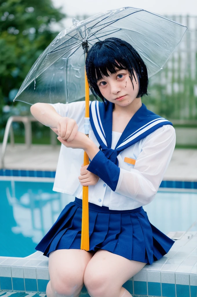 japanese, junior High School girl,1 person, age 15, Sailor Mercury, A cosplay that is heavy wet and heavy transparent,Wet sky blue short hair, Wet arms,Wet legs,Wet Face,pose,Highest quality, wet poolside
