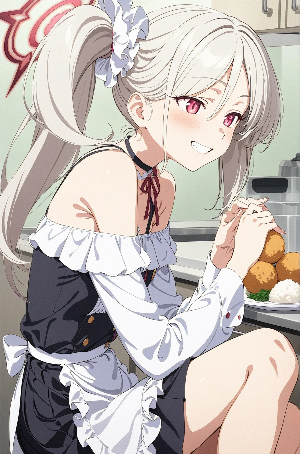 best quality, amazing quality, very aesthetic, absurdres, (1girl, mutsuki, blue archive, solo, red eyes, white hair, side ponytail), (realistic face:0.9),(off-shoulder dress:1.8),dress lift, (grin, blush, thigh:1.3), (cowboy shot), (glowing eyes:1.5), (half closed eyes:0.9), (from side:2),(official art:1.3), (kitchen), expressive eyes, perfect face, 4k, extremely detailed anime illustration, extremely detailed eyes, perfect anatomy, light rays, extremely delicate body, smooth skin, (school background:1.5), clear eyes, beautiful face, small breasts,(anime style:1.5), (Chiaroscuro:1.5), (highres:2), In the kitchen, brightly lit by the morning sun, a woman in a white apron is smiling at us. In her right hand is a handful of rice balls, and in her left is a small white plate filled with salt. Her smile is as if she is saying, "Look, it's almost ready.