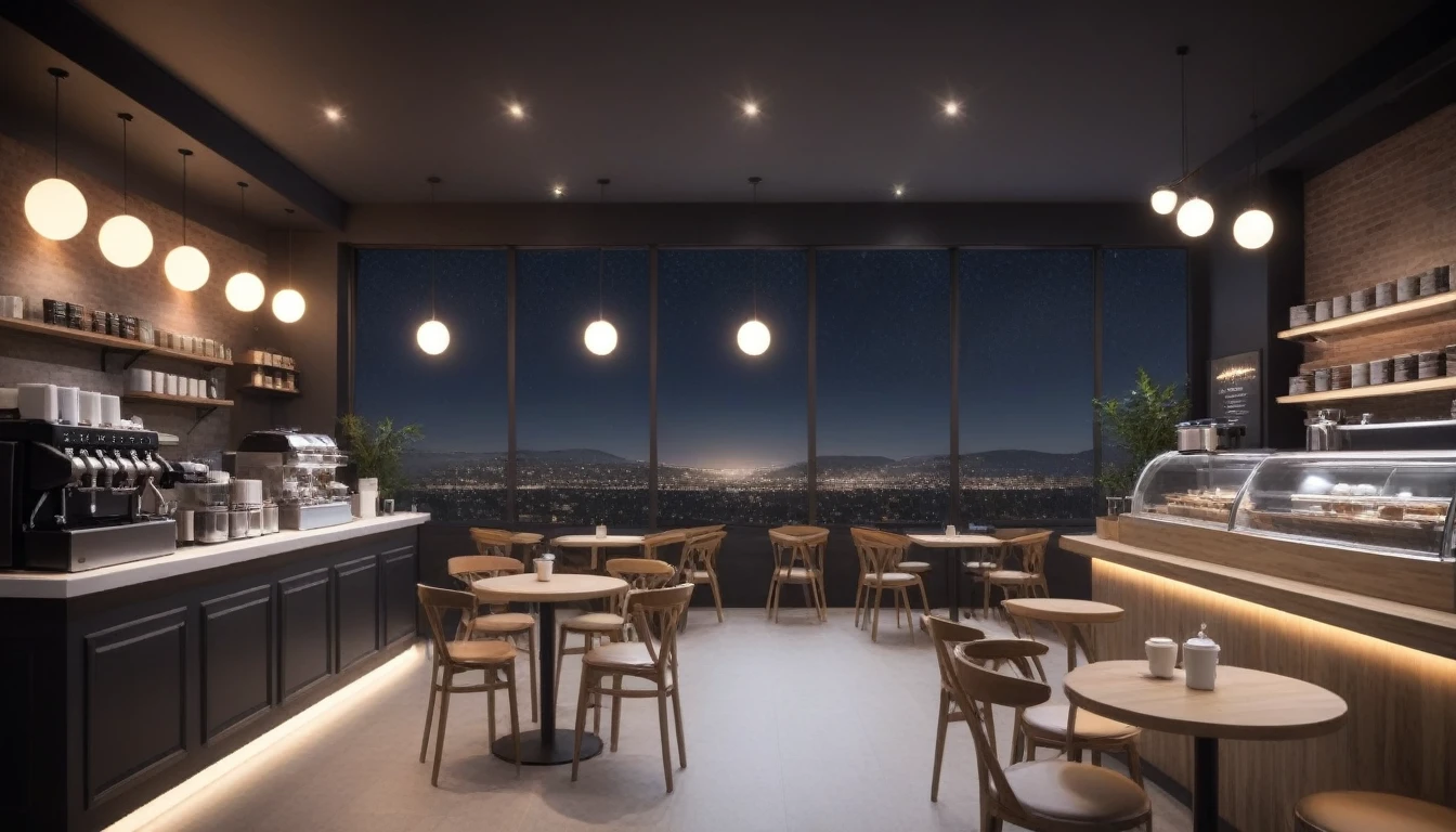 At night frontal shot coffee shop interior, tables with coffee cups and a big window in the center