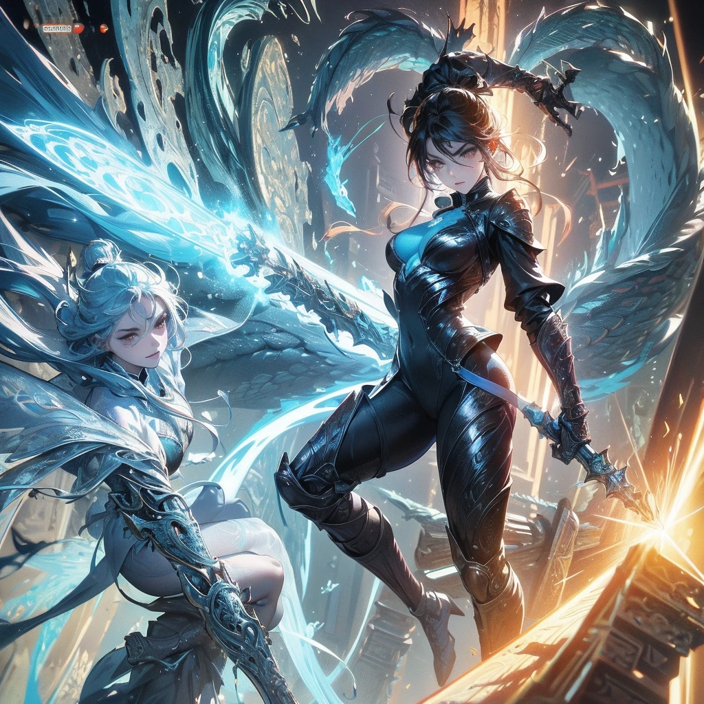Generate an image of the protagonist reaching the castle where an ancient guardian, a majestic ice dragon, awaits. Illustrate a dramatic confrontation between the protagonist and the dragon. Depict the dragon revealing the true purpose of the quest – to restore balance to the frost bound world, with the magical artifact glowing brightly., sf, intricate artwork masterpiece, ominous, matte painting movie poster, golden ratio, trending on cgsociety, intricate, epic, trending on artstation, by artgerm, h. r. giger and beksinski, highly detailed, vibrant, production cinematic character render, ultra high quality model