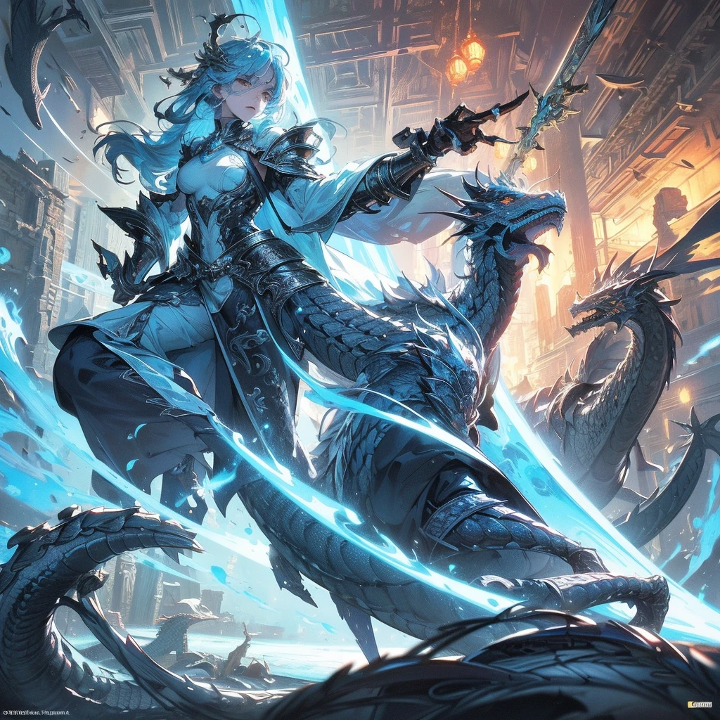 Generate an image of the protagonist reaching the castle where an ancient guardian, a majestic ice dragon, awaits. Illustrate a dramatic confrontation between the protagonist and the dragon. Depict the dragon revealing the true purpose of the quest – to restore balance to the frost bound world, with the magical artifact glowing brightly., sf, intricate artwork masterpiece, ominous, matte painting movie poster, golden ratio, trending on cgsociety, intricate, epic, trending on artstation, by artgerm, h. r. giger and beksinski, highly detailed, vibrant, production cinematic character render, ultra high quality model