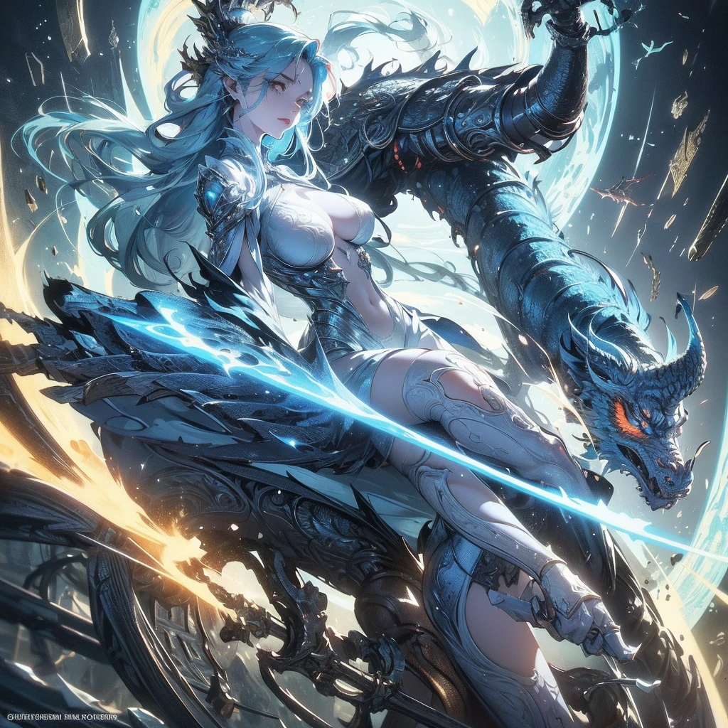 Generate an image of the protagonist reaching the castle where an ancient guardian, a majestic ice dragon, awaits. Illustrate a dramatic confrontation between the protagonist and the dragon. Depict the dragon revealing the true purpose of the quest – to restore balance to the frost bound world, with the magical artifact glowing brightly., sf, intricate artwork masterpiece, ominous, matte painting movie poster, golden ratio, trending on cgsociety, intricate, epic, trending on artstation, by artgerm, h. r. giger and beksinski, highly detailed, vibrant, production cinematic character render, ultra high quality model