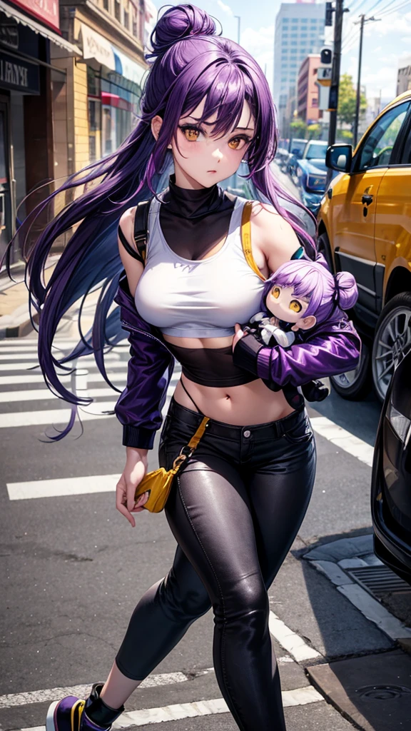 (masterpiece), best quality, expressive eyes, perfect face, purple hair, yellow eyes, women, white crop top, hair in a bun, black pants, one person, walk, carrying a kuromi doll