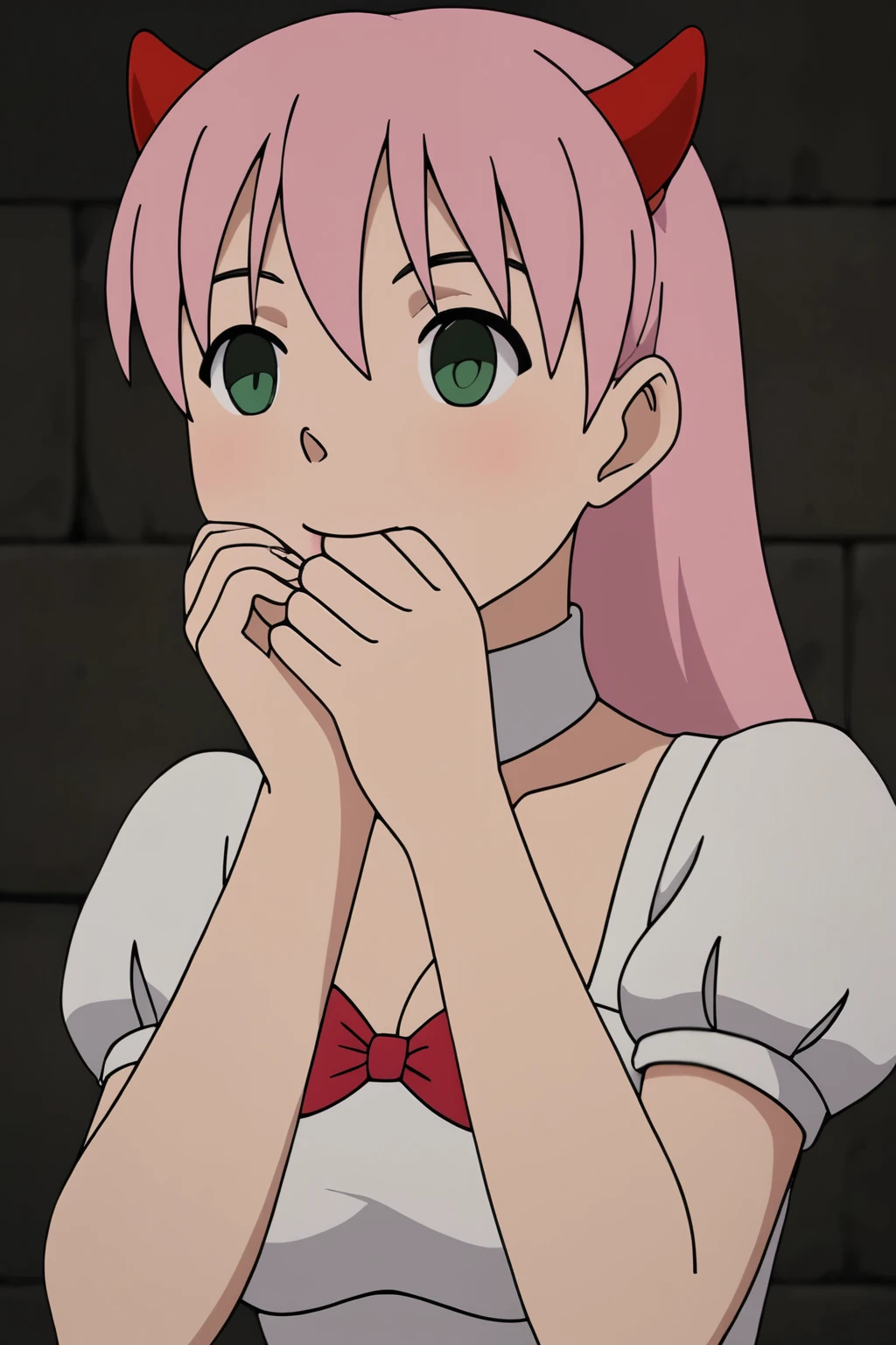 Horns growing out of his head Pink Hair Eating yogurt In the snow White clothes