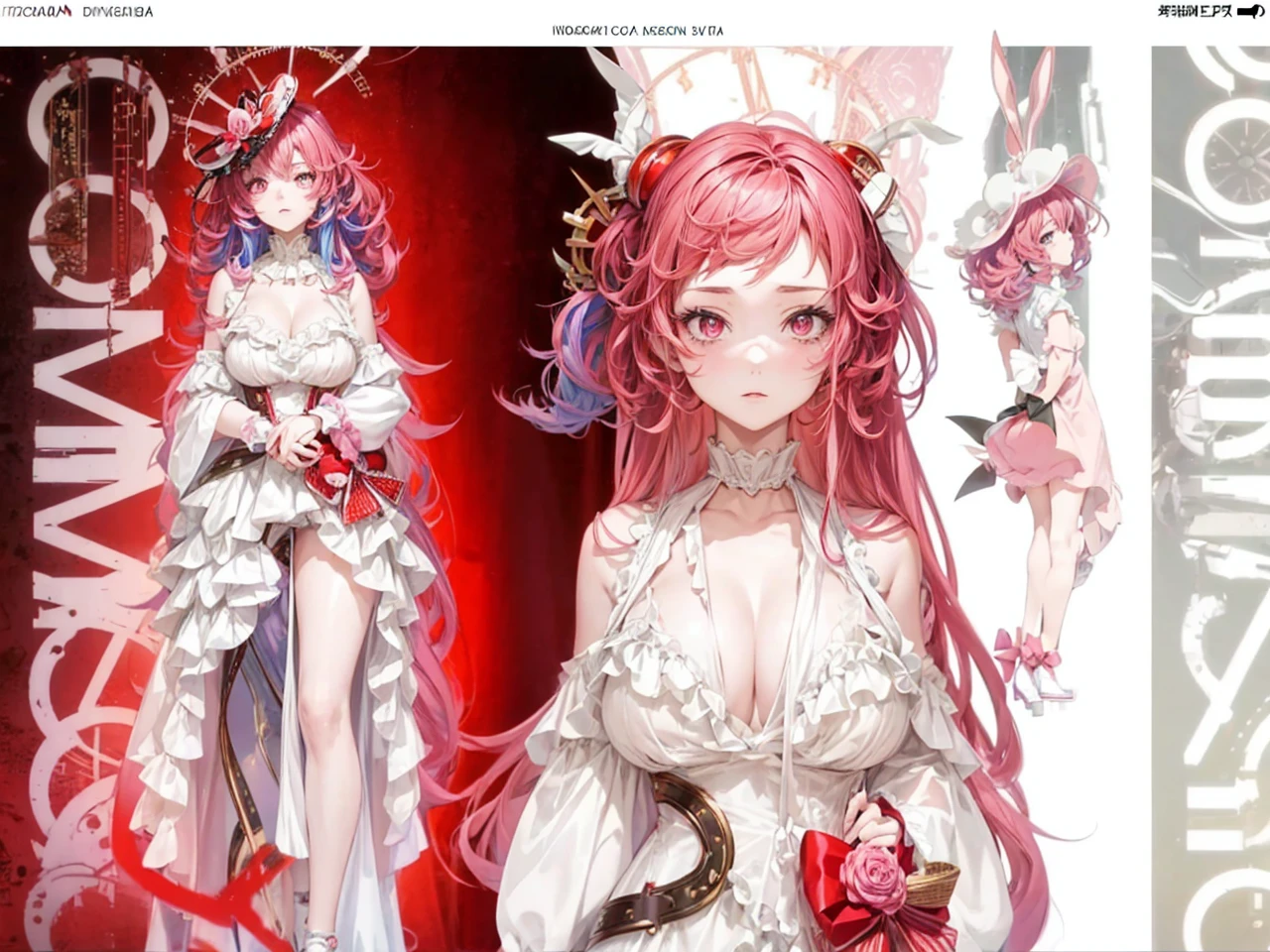 Make me an anime girl with curly pink and blue hair, with clock spring eyes, wonderland style, big black and red queen of heart dress, with a big red bow, and a mad hatter’s hat with bunny ear’s sticking out of the hat, and a big fluffy tail, with a long colorful dress, reference sheet back and front view