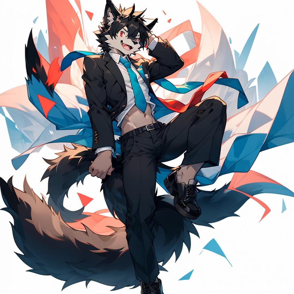 solo, looking at viewer, smile, open mouth, simple background, shirt, black hair, red eyes, 1boy, white background, navel, animal ears, tail, full body, long sleeves, male focus, necktie, shoes, midriff, pants, black footwear, arm up, black shirt, wolf ears, wolf tail, furry, blue pants, furry male, body fur, green necktie,black fur