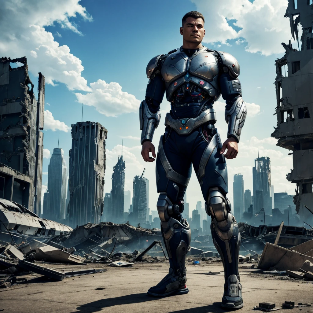 A highly detailed Cyborg, arms crossed in front of a destroyed city, sporting futuristic details on his bionic body. 