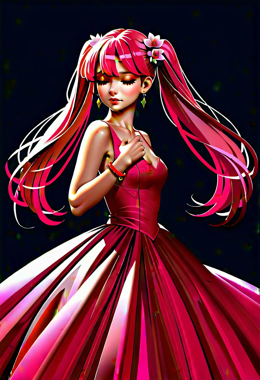 source_anime, score_9,score_8_up,score_7_up,score_6_up,score_5_up,score_4_up,
1girl, solo, magenta hair, hair ornament, long hair, flower, closed eyes, hair flower, jewelry, twintails, dress, earrings, hair ornament, very long hair, bracelet, simple background, black background