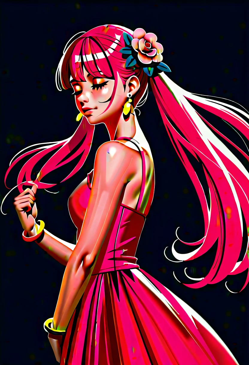 source_anime, score_9,score_8_up,score_7_up,score_6_up,score_5_up,score_4_up,
1girl, solo, magenta hair, hair ornament, long hair, flower, closed eyes, hair flower, jewelry, twintails, dress, earrings,  hair ornament, very long hair, bracelet, simple background, black background