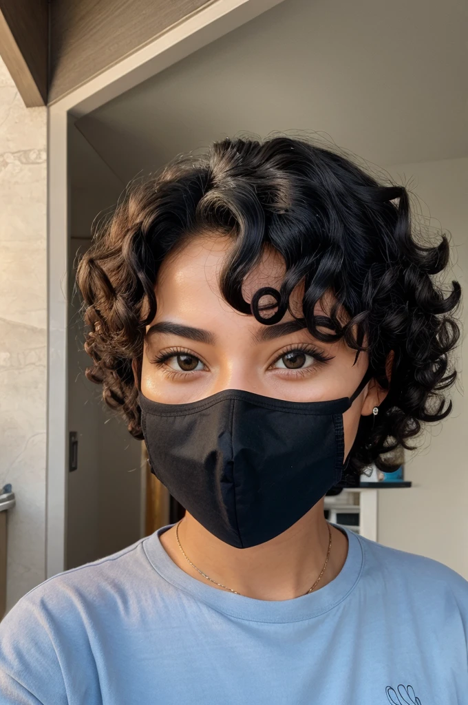 This emoji ๐ฅด wearing a black mask and have a Curly hairs and the background is space