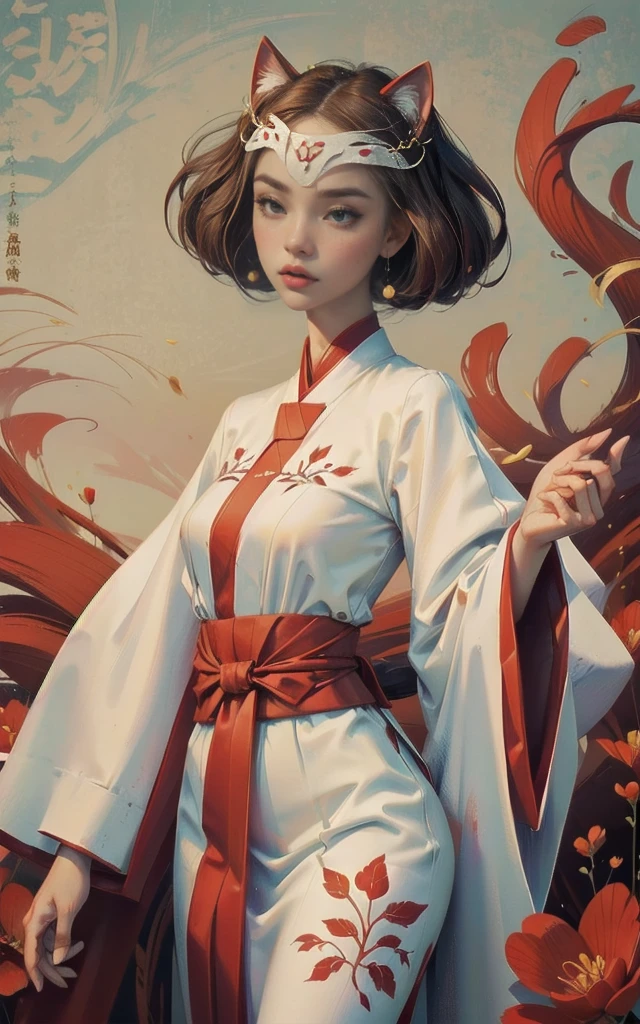 ((Masterpiece)),(Best Quality), (Cinematic),(Extremely detailed CG Unity 8k wallpaper),1girl, fit,Delicious company,revealing clothes, intricate outfit,fit, small breasts,very long red hair,big cat eyes,one Stunning hanfu cat girl with a beautifully designed fine and perfectly fitting white with red paint bakeneko/nekomata noh-theatre mask in one hand. she is dancing in front of plain graphic japanese background. her hands are very graceful presenting a fan. She wears tight-fitting hanfu clothing with georgeous patterns and also transparent flowing fabric. cat ear, vampy fang,cateyes, white devon rex cat, eine Ganzkörperaufnahme, die Tradition und Moderne verbindet 