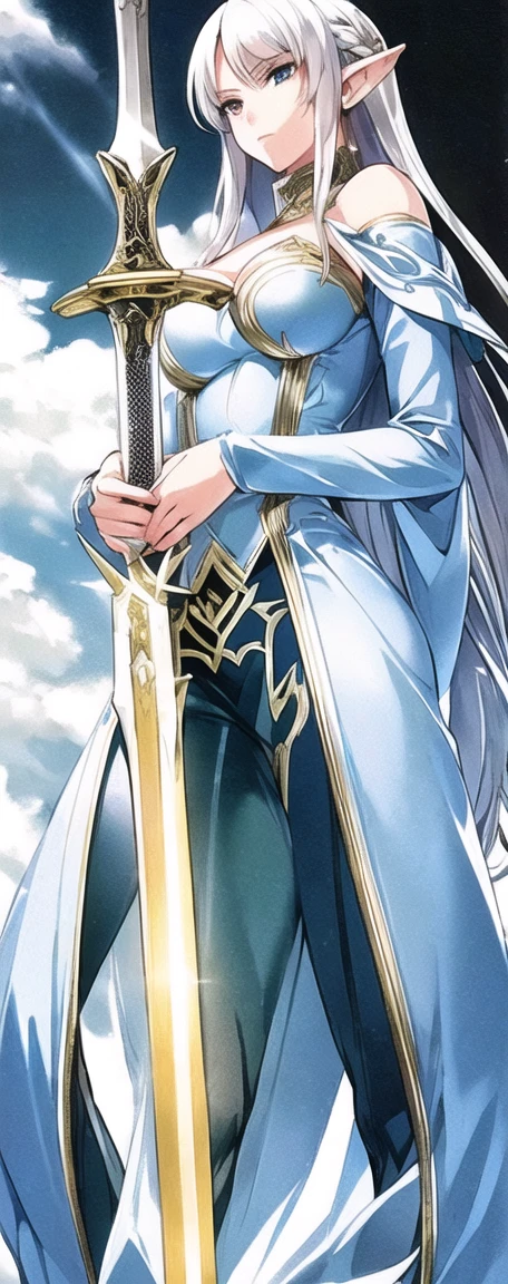silver-haired elves、Has a beautiful giant sword、Gold decorated weapon、The blade is thick、Beautifully decorated blade、