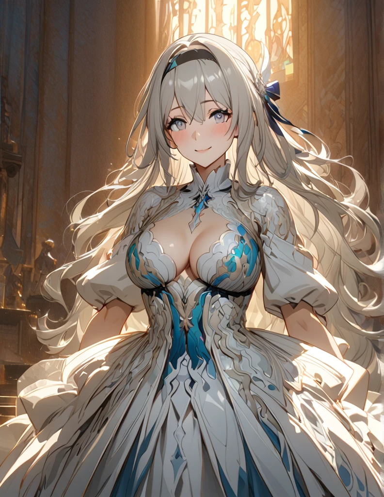 beautiful girl, long grey hair, beautiful face,smiling,close up to hips, beautiful breast, standing Infront of altar , (open mouth:0.4),illustration,detailed textures(realists),ultra-detailed,portrait style,vivid colors,soft lighting, blushing, mature, hair fluttering, evening light , head band, ((half body)), no bra, cleavage, wearing intricate two tones wedding dress, perky. ((side profile until hips)), praying pose