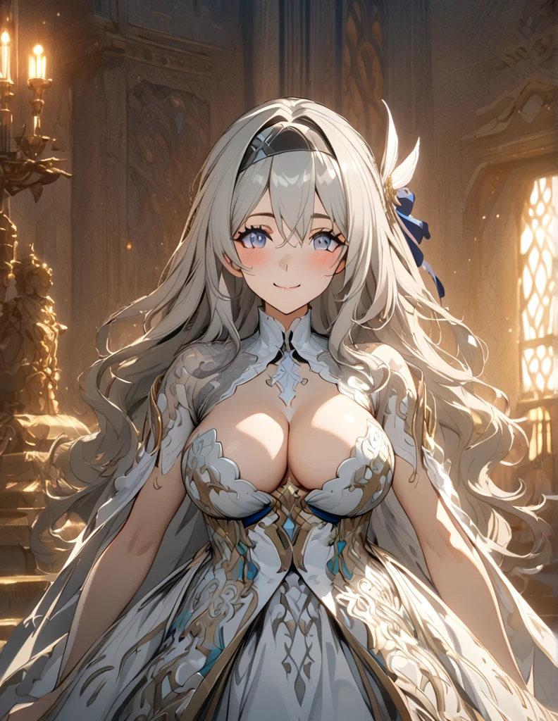 beautiful girl, long grey hair, beautiful face,smiling,close up to hips, beautiful breast, standing Infront of altar , (open mouth:0.4),illustration,detailed textures(realists),ultra-detailed,portrait style,vivid colors,soft lighting, blushing, mature, hair fluttering, evening light , head band, ((half body)), no bra, cleavage, wearing intricate two tones wedding dress, perky. ((side profile until hips)), praying pose