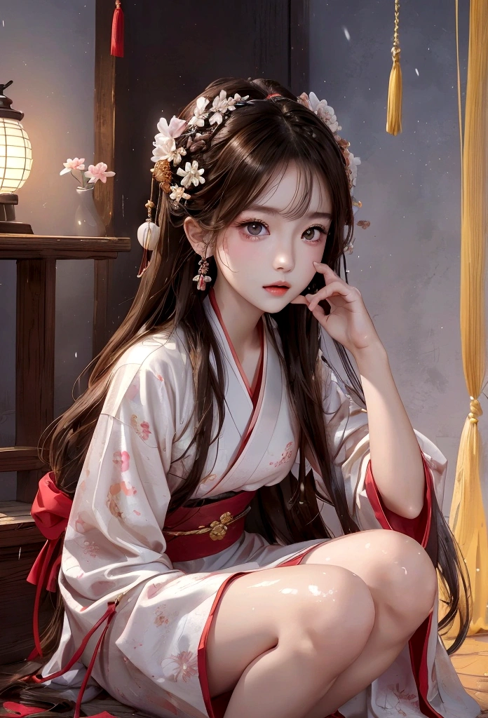 Best image quality、8K、masterpiece：1.3))、Realistic high-quality photos、Highest quality、Girl cute beautiful face、Beautiful 15 year old Japanese girl、Photos of slim models、Beautiful girl model、若いJapanese girl、Young and pretty face、Japanese girl、 year old female model、Beautiful model girl、The innocent look of the girl next door、A lovely and delicate face、Brown Hair、Beautiful brown eyes、Tear bags、drooping eyes、Young Body、(Finely scattered splashes of color), (figure),(((1 Girl))),(Long Hair),(rain:0.9), (Headdress: 1.4), There is an ancient palace next to the girl., Hanfu, (emphasize),  ink painting, (Spattered colors), Spattered colors, (((colorful))), (sketch: 0.8), Tabletop, Highest quality, Beautifully drawn, verydetailedな,(Noise Reduction:0.6),[Splash Ink],((Ink Refraction)), (美しくdetailedな空),moon,very,detailed,(Tabletop, Highest quality, verydetailedな)、Hands on knees、Small breasts、Exposed thighs