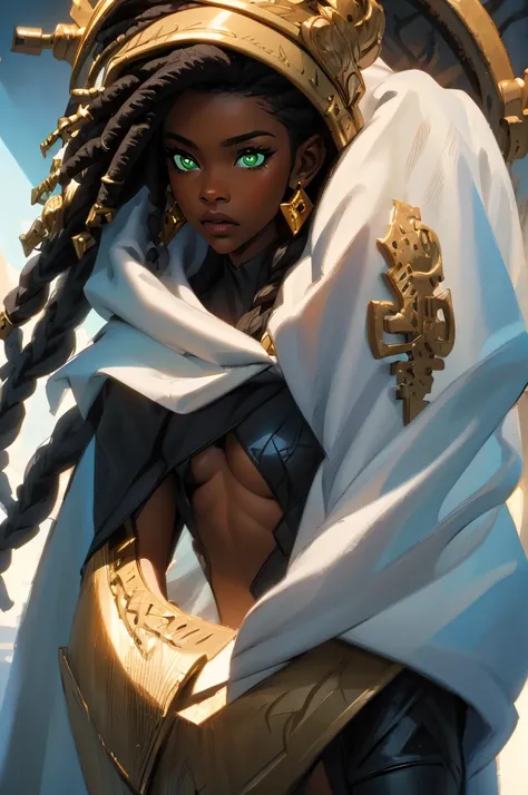 (best quality, masterpiece:1.2), ultra detailed, 1girll, black skin，negroid，dirty braids，green eyes，gold earrings，white hood，nab...