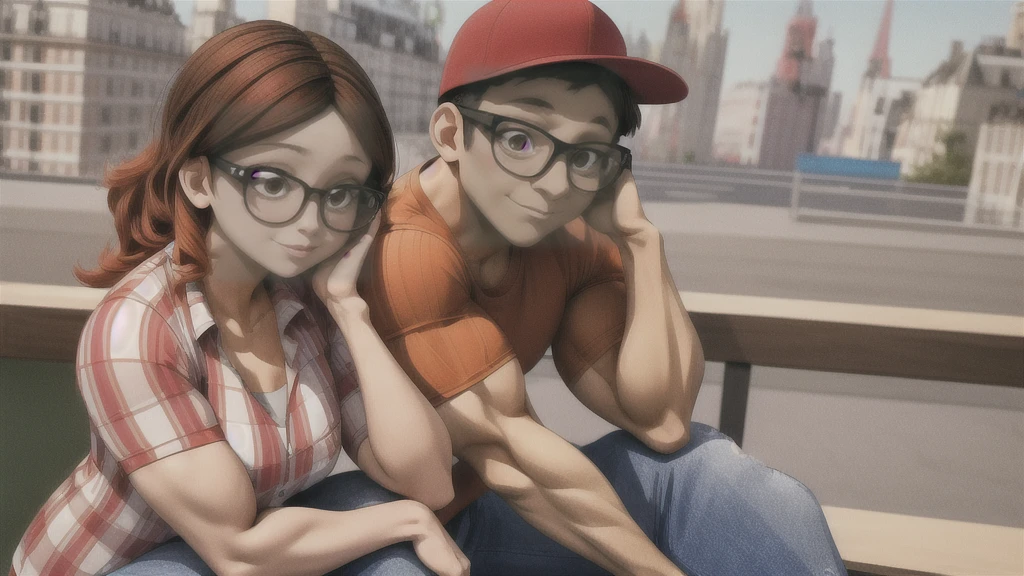 (masterpiece, best quality:1.2), A couple , boy Nino Lahiffe: Brown skin, dark hair, usually seen wearing a red cap, glasses, and casual clothing like a T-shirt and jeans, and a girl Alya Césaire: Brown skin, curly dark brown hair, often wears glasses, and typically seen in stylish, casual outfits. A casual day out with both characters in their everyday attire,Sharing a tender moment, like sitting on a rooftop overlooking Paris..(girl and boy:1), smiling, ((high resolution illustration)), ((extremely detailed)), (couple), Alya, Nino, Nino X Alya, (best quality,4k,8k,highres,masterpiece:1.2), ultra-detailed, realistic:1.37, HDR, studio lighting, extreme detail description, nino wearing a red cap, professional, vibrant colors, bokeh, ((muscular female bodybuilder)), detailed lips, strong embrace, romantic scene, intimate moment, intense passion, athletic bodies, fitness couple, gym background, muscular definition, sculpted muscles, sweat glistening,muscular