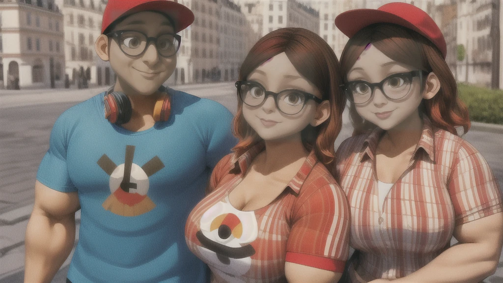 (masterpiece, best quality:1.2), A couple , boy Nino Lahiffe: Brown skin, dark hair, usually seen wearing a red cap, glasses, and casual clothing like a T-shirt and jeans, and a girl Alya Césaire: Brown skin, curly dark brown hair, often wears glasses, and typically seen in stylish, casual outfits. A casual day out with both characters in their everyday attire,Sharing a tender moment, like sitting on a rooftop overlooking Paris..(girl and boy:1), smiling, ((high resolution illustration)), ((extremely detailed)), (couple), Alya, Nino, Nino X Alya, (best quality,4k,8k,highres,masterpiece:1.2), ultra-detailed, realistic:1.37, HDR, studio lighting, extreme detail description, nino wearing a red cap, professional, vibrant colors, bokeh, ((muscular female bodybuilder)), detailed lips, strong embrace, romantic scene, intimate moment, intense passion, athletic bodies, fitness couple, gym background, muscular definition, sculpted muscles, sweat glistening,muscular