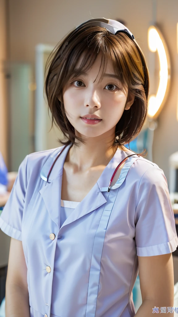 Highest quality, Realistic, Very detailed, finely, High resolution, 8k wallpaper, Professional, High level of detail, ((18-year-old girl:1.2)), Slender Japanese women,Pretty lips, (Beautiful long eyelashes:1.2)、Collarbone Detail, Perfect Face, (cute short bob hair:1.5),Highest quality，Ultra-clear resolution，Clear Eyes，Sunburned skin，Perfect big breasts，have perfect legs，Pay attention to the Regini skirt、(White nurse uniform on bare skin:1.5)、(attractive, Fascinating face:1.5)、(Sexy pose in the hospital room:1.5)、