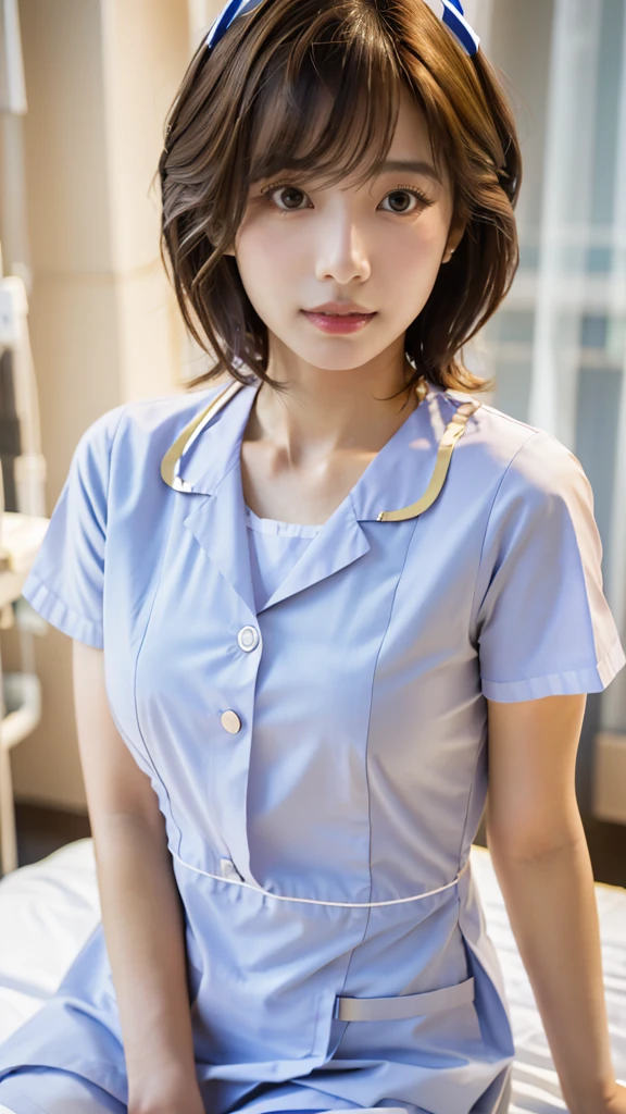 Highest quality, Realistic, Very detailed, finely, High resolution, 8k wallpaper, Professional, High level of detail, ((18-year-old girl:1.2)), Slender Japanese women,Pretty lips, (Beautiful long eyelashes:1.2)、Collarbone Detail, Perfect Face, (cute short bob hair:1.5),Highest quality,Ultra-clear resolution,Clear Eyes,Sunburned skin,Perfect big breasts,have perfect legs,Pay attention to the Regini skirt、(White nurse uniform on bare skin:1.5)、(attractive, Fascinating face:1.5)、(Sexy pose in the hospital room:1.5)、