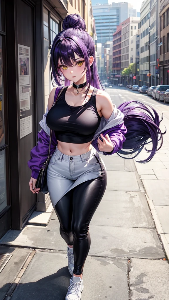 (masterpiece), best quality, expressive eyes, perfect face, purple hair, yellow eyes, women,  white crop top, hair in a bun, black pants, one person, walk, carrying a kuromi doll