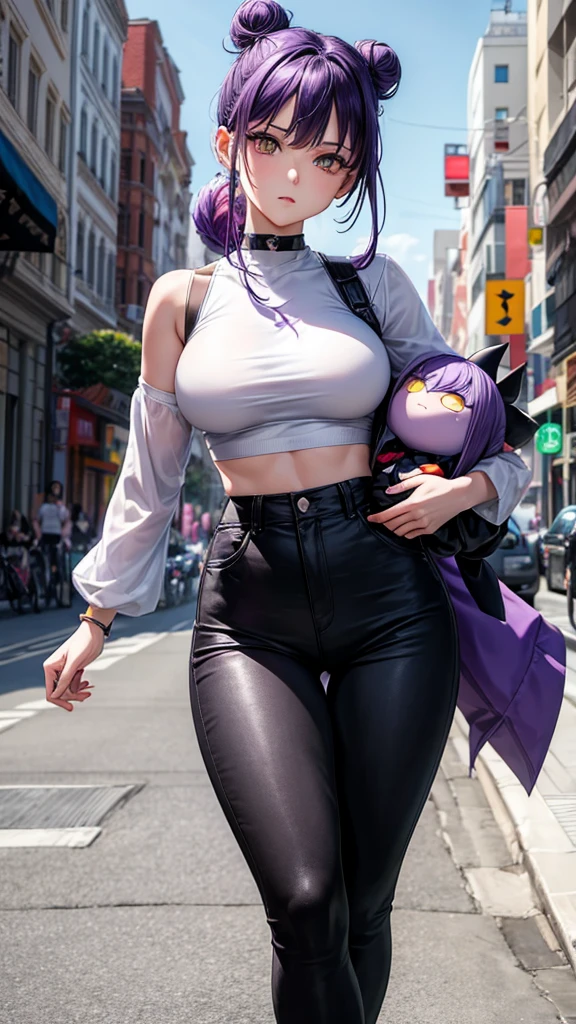 (masterpiece), best quality, expressive eyes, perfect face, purple hair, yellow eyes, women,  white crop top, hair in a bun, black pants, one person, walk, carrying a kuromi doll