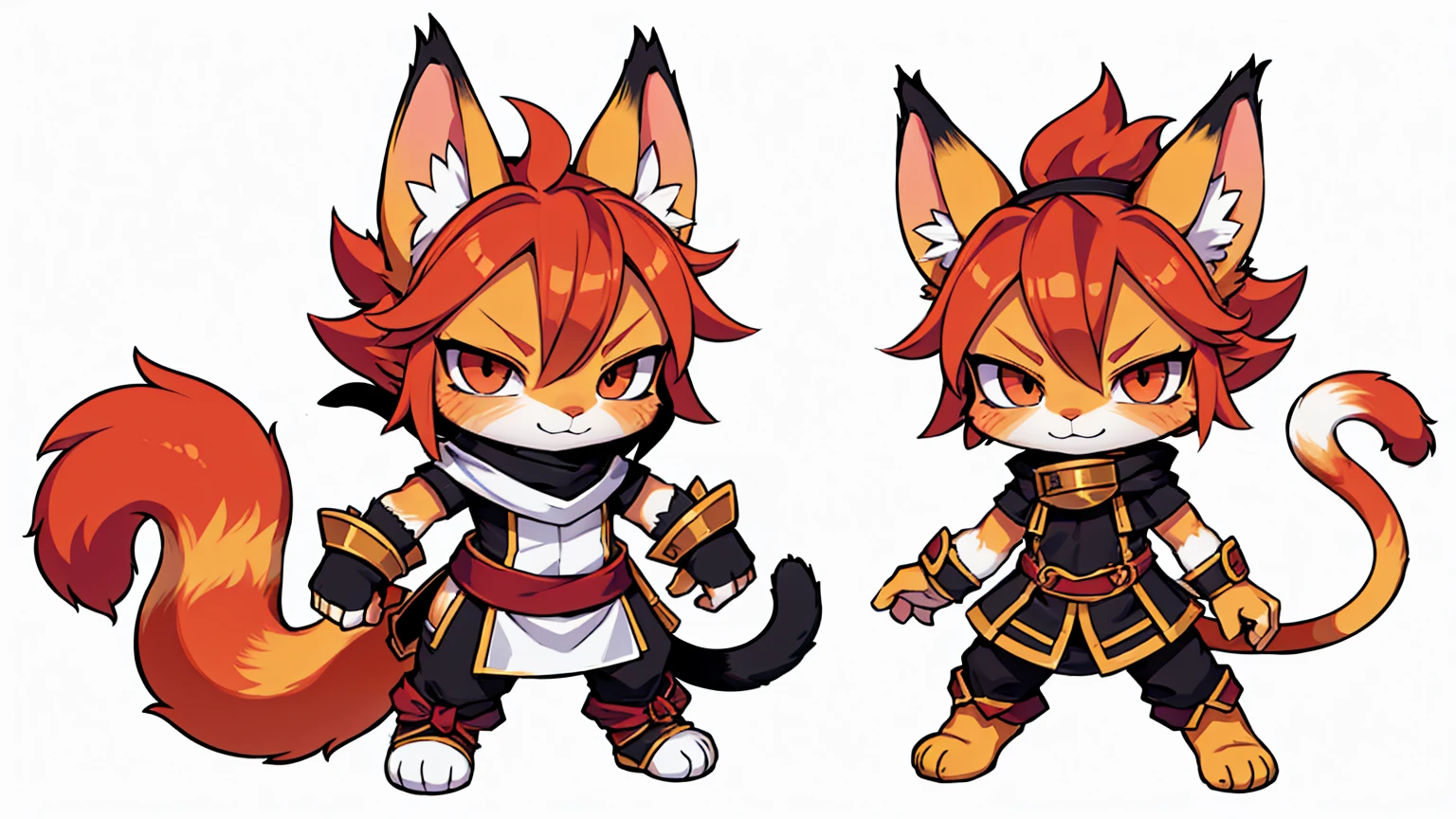 a cat warrior character, cat ears, furry, (full body:1.2) , chibi, advanced digital chibi art, g liulian art style, maplestory mouse, bian lian, chibi art, league of legends art style, character art of maple story, ((view at the viewer)), (((Natsu Dragneel  costume))), ((white background)), simple background